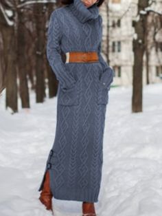 High Neck Long Sleeve Sweater Dress, Lake Blue / M Fashion Timeline, Moda Hippie, Sweater Dress Casual, Winter Wishes, Cable Knit Sweater Dress, Sweater Maxi Dress, Cable Knit Turtleneck Sweater, Pullover Outfit, Warm Dresses