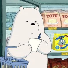 a large white bear standing in front of a grocery store filled with food and snacks