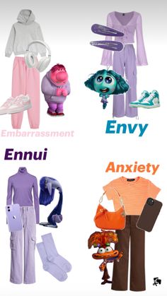 Inside out outfits inspired by embarrassment,envy,ennui,and anxiety Work Group Halloween Costumes, 2 Halloween Costumes, School Halloween Costumes, Inside Out Costume, Inside Out Characters, Trio Halloween Costumes, Out Outfits, Holloween Costume, Mickey Halloween