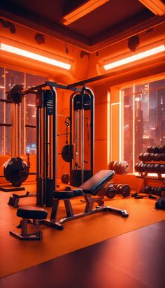 an orange gym room with machines and dumbbells