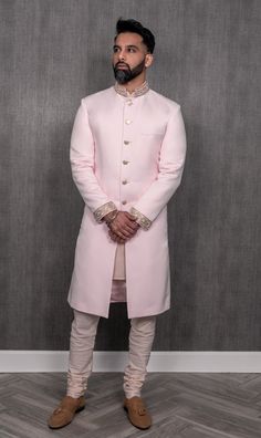 Light Pink and Gold Wedding Sherwani – HarleenKaur Light Pink Sherwani For Groom, Pink Sherwani For Groom, Sherwani Jacket, Engagement Suits, Pink Sherwani, Mens Indian Wear, Sherwani For Men Wedding, Groom Fashion, Groom Dress Men