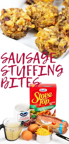 an advertisement for sausage stuffing bites with eggs and other ingredients on the table next to it