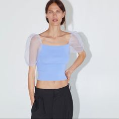 Zara Top. New With Tags. Trendy Blue Mesh Top For Summer, Blue Knit Top For Spring, Blue Trendy Mesh Top For Spring, Trendy Blue Mesh Top For Spring, Casual Puff Sleeve Knit Top For Summer, Casual Summer Knit Top With Puff Sleeves, Fitted Light Blue Knit Top For Spring, Chic Stretch Blue Knit Top, Trendy Fitted Blue Tops