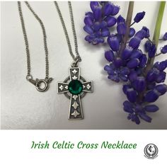 This Irish necklace features a silver Celtic Cross that is embellished with an emerald crystal.   The dainty curb chain is 16 inches long. Irish Necklace, Irish Quotes, Blue And White Chinoiserie, Emerald Crystal, Irish Gifts, Irish Celtic, Celtic Cross, Christian Jewelry, Shell Jewelry