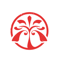 a red and white logo with two birds on it's head in a circle