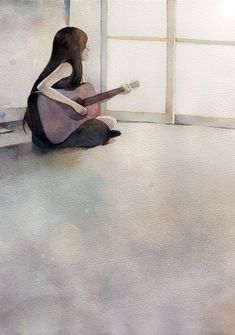 a painting of a woman sitting on the floor with a guitar in her lap and looking out the window