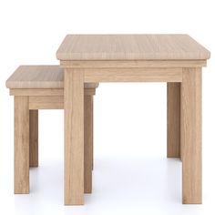 two wooden stools sitting next to each other on a white surface with no one around them