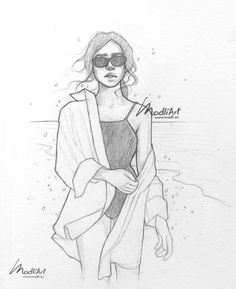 a drawing of a woman in sunglasses on the beach with her arms around her body