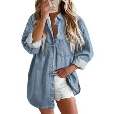 Fantaslook Denim Shirts for Women Button Down Blouses Long Sleeve Casual Tops Fall Outfits  Womens denim Shirts featuring a classic button down design that combines timeless style with modern casual. Crafted from high-quality denim, long sleeve blouses for women offer a perfect blend of durability and softness, ensuring you stay comfortable all day long. Womens button up shirts tailored fit provides a flattering silhouette, while the versatile design allows you to dress it up or down for any occ Denim Long Sleeve Shirt Outfit, Denim Shirts For Women, Long Sleeve Shirt Outfits, Denim Top Women, Tops Fall Outfits, Blouses Long Sleeve, Women Fall Tops, Lightweight Denim Jacket, Ladies Tops Blouses