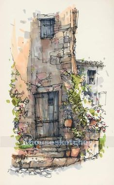 a drawing of a house with plants growing out of it