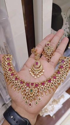 Latest Necklace Design, Beaded Wedding Jewelry, Bridal Foot Jewelry, Cz Jewellery, Bridal Necklace Designs, Neck Pieces Jewelry, Gold Items, Artificial Jewelry