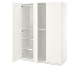 an open white cabinet with shelves on both sides and no doors in the middle, isolated against a white background