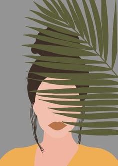 a woman's face with palm leaves on her head, in front of a gray background