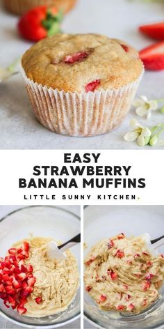 an easy strawberry banana muffins recipe is shown