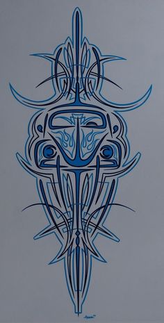 an artistic drawing with lines and shapes in blue on grey paper, depicting the shape of a fish's head