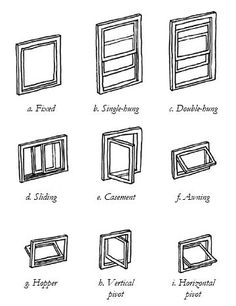 the different types of windows and doors are shown in black ink on a white background