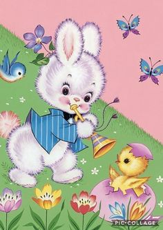 a painting of a white bunny playing the trumpet in a field with flowers and butterflies