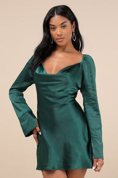 You'll be destined for fabulousness when you slip into the Lulus Sensational Fate Emerald Green Satin Cowl Neck Mini Dress for a night of drinks and dancing! Luxe stretch-woven satin shapes this effortlessly chic dress that features a flirty cowl neckline and long sleeves with elastic at the shoulders and unique flaring cuffs. The figure-skimming silhouette continues down to a subtle A-line skirt that ends at a cute mini hem. Hidden back zipper/clasp. Fit: This garment fits true to size. Length: Short Emerald Dress, Mini Dress Satin, Cowl Neck Mini Dress, Emerald Dresses, Emerald Green Dresses, Teal Dress, Cowl Neckline, Satin Mini Dress, Green Satin