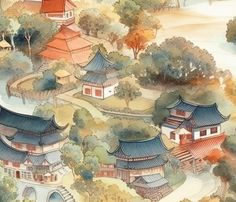 Chinese Village in Forest Watercolor by paper_and_frill Village In Forest, Chinese Temples, Chinese Village, Forest Village, Forest Fabric, Ancient Chinese Architecture, China Architecture, Chinese Temple