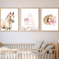 To purchase and personalize this item from ellaandwhiskey.com, please follow the link below to my Etsy shop. https://ellaandwhiskey.etsy.com/listing/1674379576/personalized-cowgirl-nursery-prints-set Transform your little one's room into a charming Western haven with our Personalized Cowgirl Nursery Prints Set. This delightful collection features pink rustic decor perfect for a western-themed girl's room. Each set includes a custom name print, a cowgirl hat, a coquette bow, and a horse design, c Nursery Ideas Horse, Girly Western Nursery, Boho Cowgirl Nursery, Cowgirl Bedroom Ideas For Kids, Western Girl Nursery, Western Girl Room, Cowgirl Nursery Theme, Cowgirl Bedroom Ideas, Cowgirl Bedroom