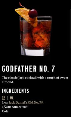 a poster with an image of a cocktail in a glass and the words godfather no 7