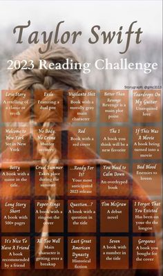 the taylor swift reading challenge poster is shown in brown and orange tones, with an image of