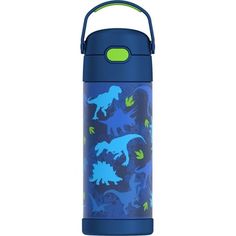 a blue and green vacuum cup with dinosaurs on it