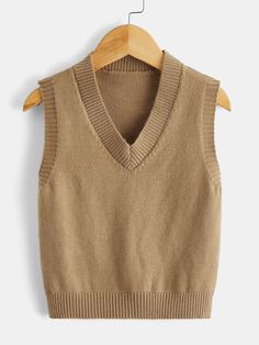 Mocha Brown Casual Collar Sleeveless Fabric Plain Pullovers Embellished High Stretch  Young Boys Clothing Cardigan Vest, Ribbed Knit Sweater, Vest Outfits