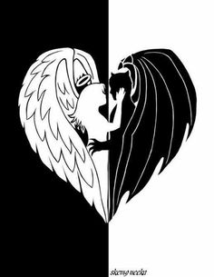 two black and white hearts with wings in the shape of a lion's head