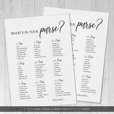 two wedding seating cards with the words what's in your purse?