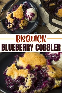 blueberry cobbler with ice cream on top and in a cast iron skillet