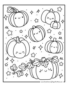 coloring sheet with a variety of kawaii pumpkin drawings to color, decorated with stars and flourishes Fall Worksheets For Kindergarten, Pumpkin Coloring Pages Free Printable, Autumn Coloring Pages For Kids, Pumpkin Coloring Sheet, Autumn Coloring Pages, Halloween Activity Sheets, Fall Coloring Sheets, Pumpkin Coloring, Free Printable Coloring Sheets