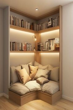 A cozy bedroom reading nook with built-in bookshelves above, soft lighting, and an array of pillows. Home Library Rooms, Interior Design Your Home, Home Library Design, Shelves In Bedroom, Design Your Home, Home Design Decor, Book Shelf, Home Room Design, Dream House Decor