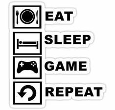 the eat sleep game repeat sticker is shown in black and white, with an arrow pointing