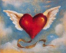 a painting of an angel heart with wings and a snake in the sky above it