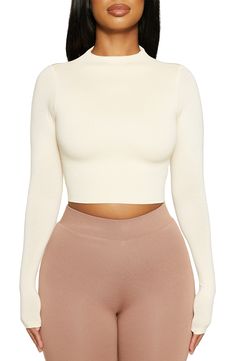 Lightweight and double-lined, this figure-flattering crop top is perfect for pairing with everything-high-rise in your closet. Style Name:Naked Wardrobe The Nw Crop Top. Style Number: 6137447. Cheap Fitted Nude Crop Top, Cream Fitted Cropped Crop Top, High Stretch Long Sleeve Moisture-wicking Crop Top, Crop Top Style, Naked Wardrobe, Funnel Neck, Funnel, Oatmeal, High Rise