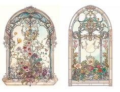 two stained glass windows with flowers in them