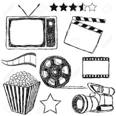 black and white hand drawn movie related items stock photo - 957982