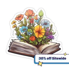 an open book with flowers on it and the words 30 % off sitewide