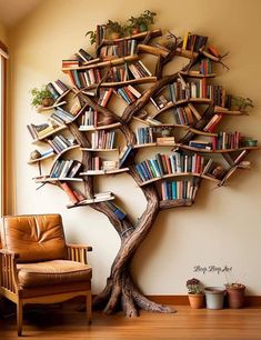 a tree shaped bookshelf in the corner of a room with a chair next to it