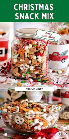 christmas snack mix in a glass bowl with candy and marshmallows