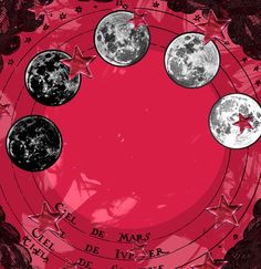 a red plate with stars and moon phases on it's sides in the center