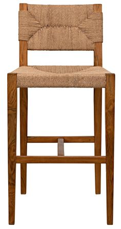 a wooden chair with woven seat padding on the back and armrests, against a white background