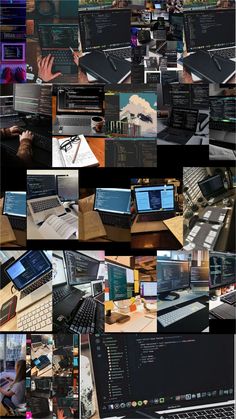 many different pictures of laptops and keyboards on a table with the same image in it