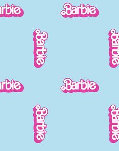 the name barbie is written in pink on a light blue background with white and black letters