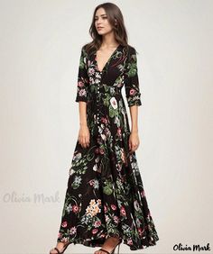 Olivia Mark - Vintage Patterned Resort Collar Loose Maxi Dress Backless Evening Gowns, Backless Evening Dress, Fitted Maxi Dress, Loose Maxi Dress, Maxi Dress Pattern, Floral Print Maxi Dress, Floral Print Maxi, Vintage Floral Print, Style Maxi Dress