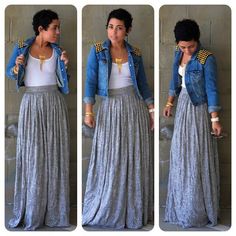 Diy Maxi Skirt, Skirt Diy, Rocker Girl, Fall Fashions, Knit Maxi Skirt, Diy Skirt, Studded Jacket, Denim Diy, A Skirt