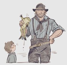 a drawing of a man holding a frog next to a little boy wearing overalls