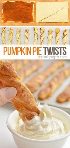 pumpkin pie twists being dipped with whipped cream