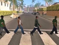 three men walking across a street in the same direction